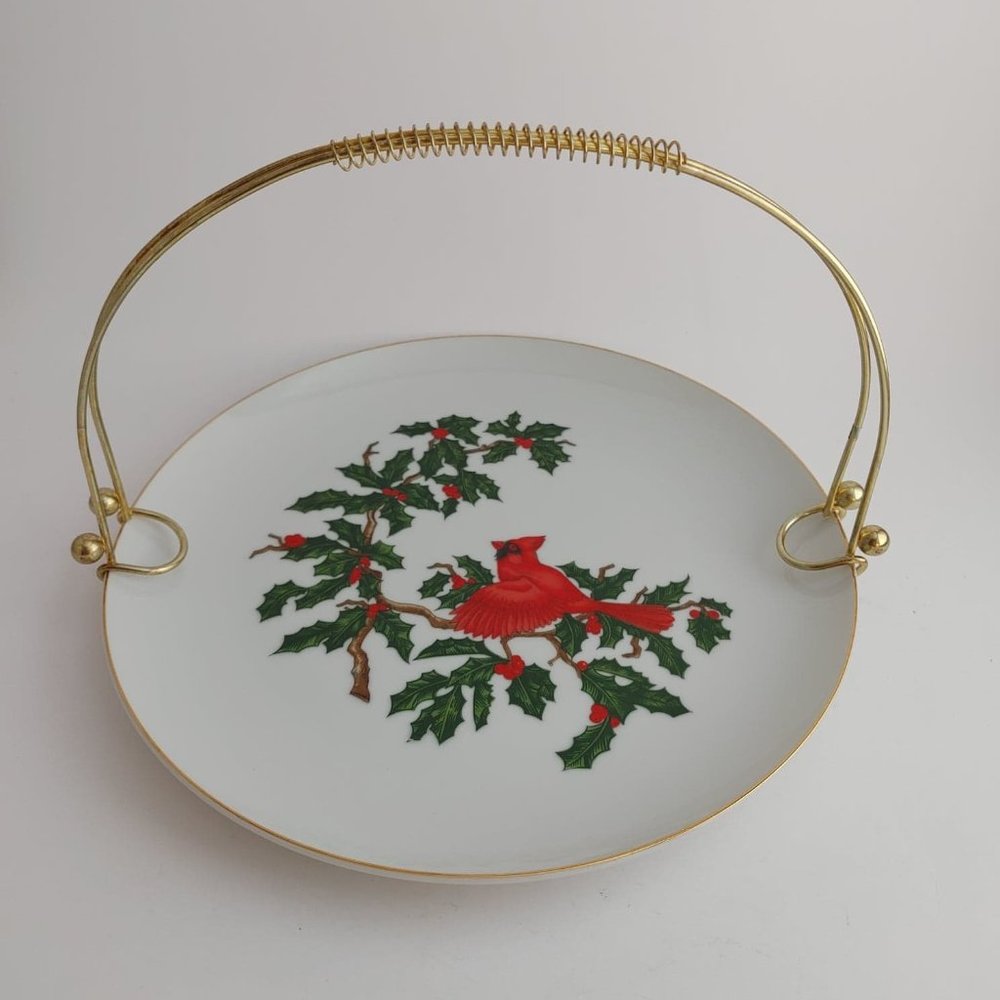 Vintage Lefton China Cardinal Serving Plate Removable Brass Handle Christmas